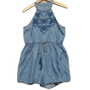 Blue Rain By Francesca's Women Sz L Blue Chambray Sleeveless Shorts Romper Boho